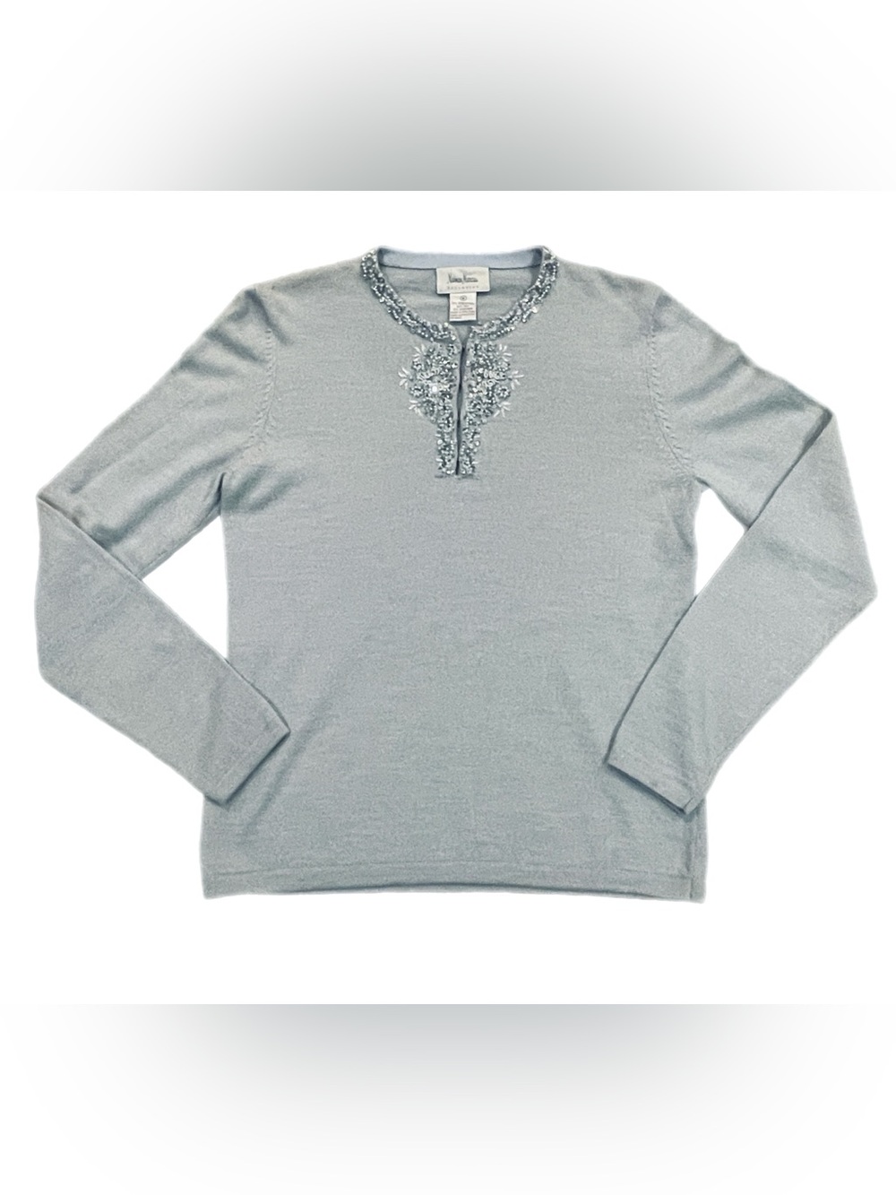 Vtg Neiman Marcus Silk Cashmere Wool Beaded Sweater Blue Y2K Preppy Holiday M